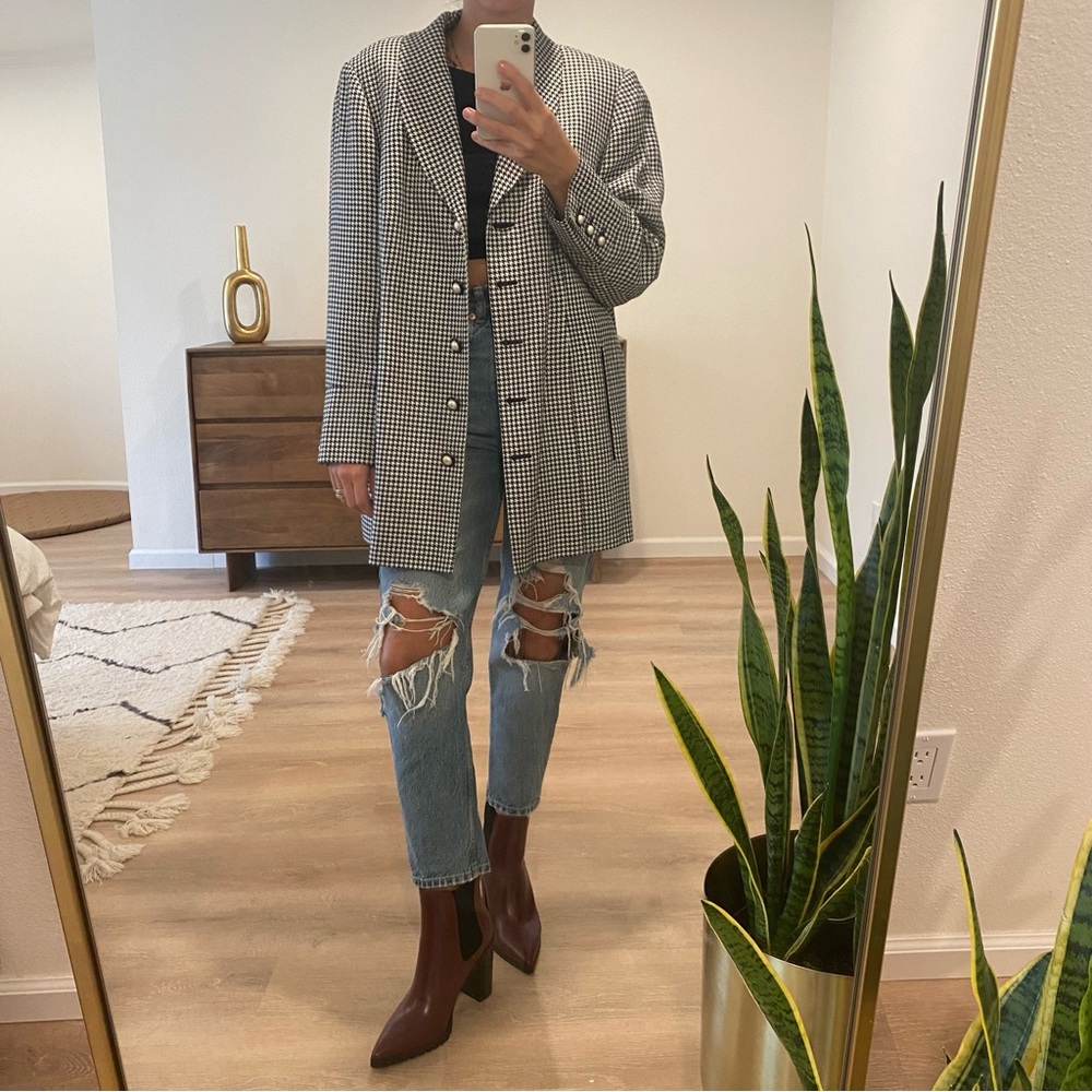 Vintage Hounds Tooth Oversized Blazer with Pearl Button Details